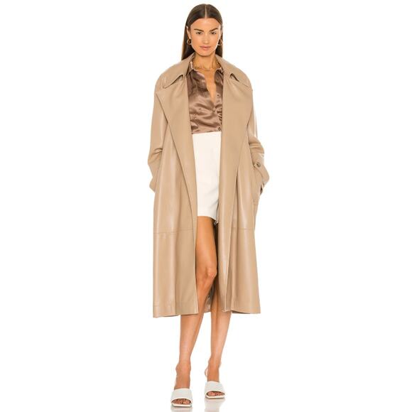 Nanushka Amal Vegan Leather Trench Coat XS Belted Notched Lapel Collar Brown - Picture 2 of 11